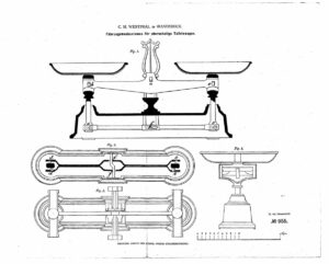 Historische patenttekening van een voertuigmechanisme