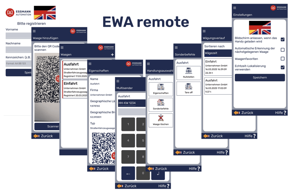 Screenshots of the EWA Remote App user interface