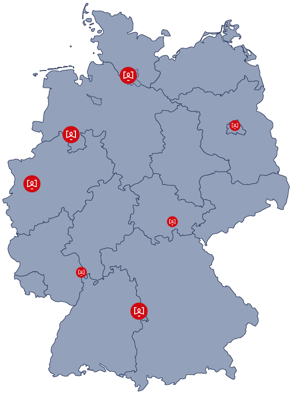 Karte von Deutschland mit markierten Regionen und ESSMANN-Standorten