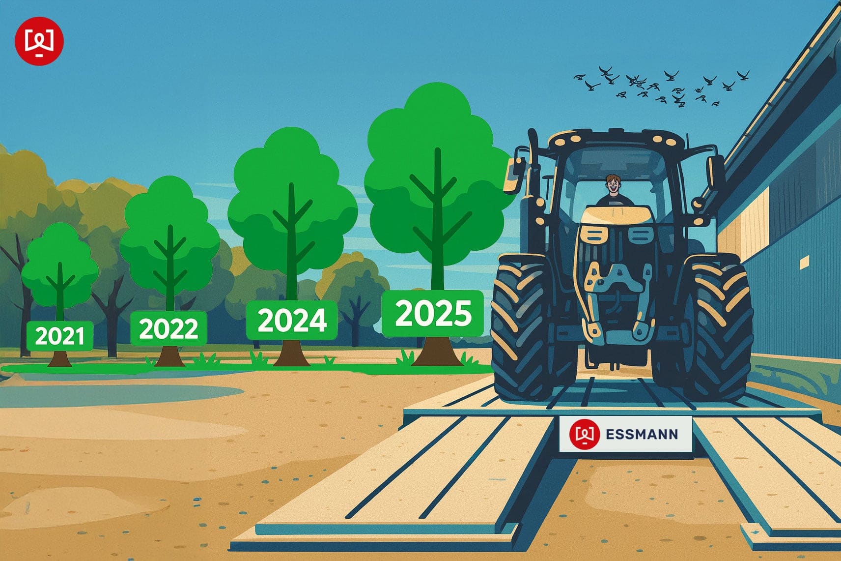 Traktor auf einer Rampe vor einem Industriegebäude. Links Bäume mit Jahreszahlen 2021 bis 2025, größer werdend. ESSMANN-Logo unten. Vögel am Himmel, klare, fröhliche Stimmung.
