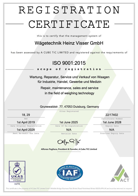ISO 9001 Zertifikat für Wägetechnik Heinz Visser GmbH
